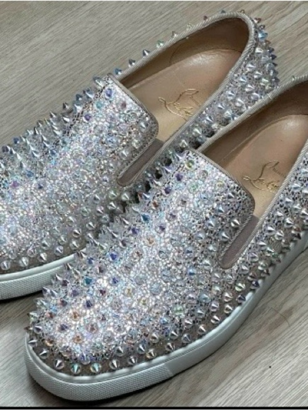 Christian Louboutin Iridescent Crystal & Spike Slip-On Mules